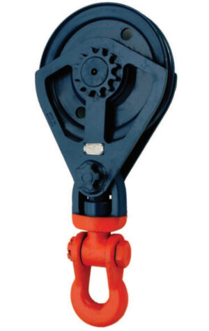 Heavy-duty industrial pulley block with red swivel hook for lifting and rigging tasks.