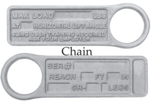 Metal chain tag with maximum load specs and sling user training requirements. Includes serial, reach, and angle info.