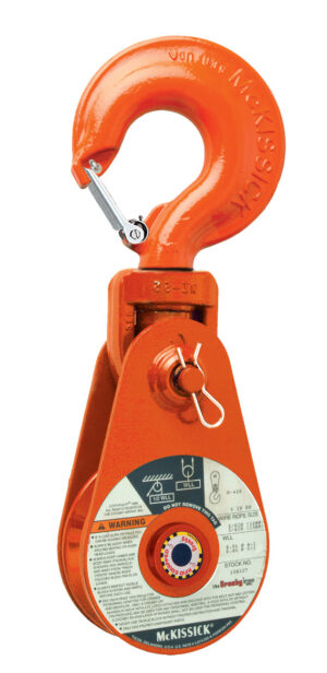 Orange heavy-duty pulley block with safety latch for lifting applications.