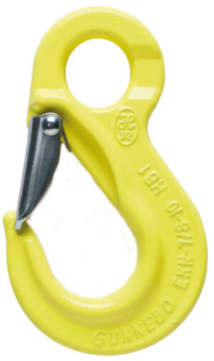 Yellow heavy-duty lifting hook with a safety latch, designed for securing loads in industrial applications.
