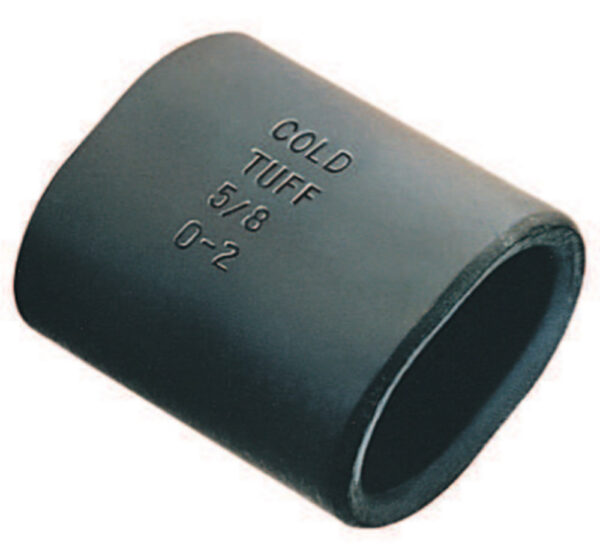 Black rubber pipe insulation labeled Cold Tuff, size 5/8, angle view, provides thermal protection.