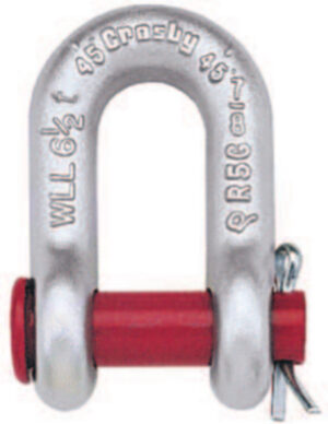 Heavy-duty steel shackle with red pin, rated 6.5 tons, by Crosby. Ideal for lifting and rigging applications.