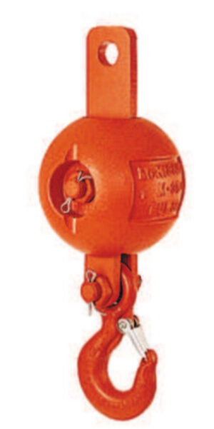 Orange lifting hook with ball-bearing swivel assembly for cranes and heavy lifting equipment.