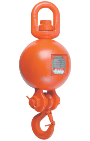 Orange industrial lifting hook block used for heavy-duty crane operations.