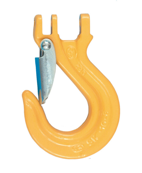 Yellow metal lifting hook with safety latch isolated on white background.