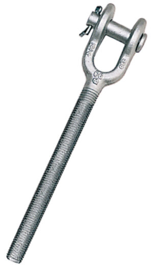 Steel turnbuckle with threaded rod and eye bolt for tension adjustment in rigging applications.