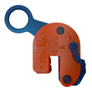 Orange and blue industrial lifting clamp for heavy loads, tested 2023, with a 0.1 to 1t capacity.