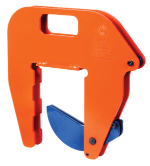 Orange and blue industrial lifting clamp with handle, designed for secure material handling.