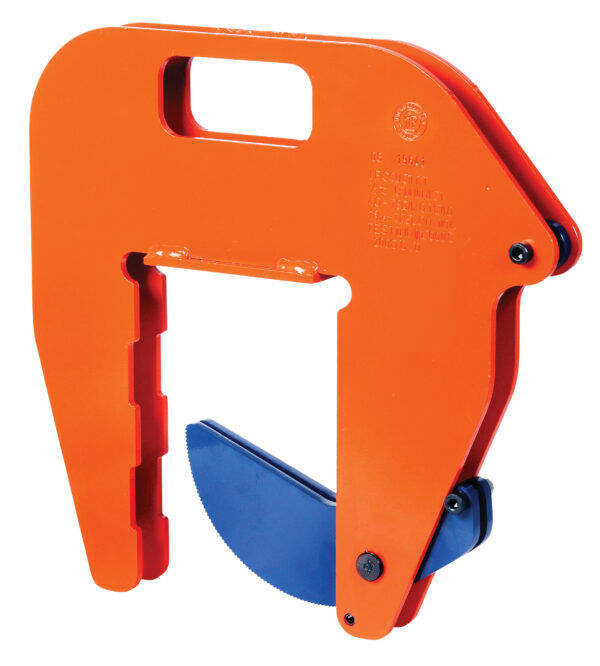 Orange and blue industrial lifting clamp with handle, designed for secure material handling.