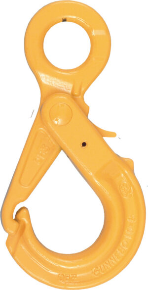 Yellow industrial lifting hook isolated on white, used for secure load handling in hoisting applications.