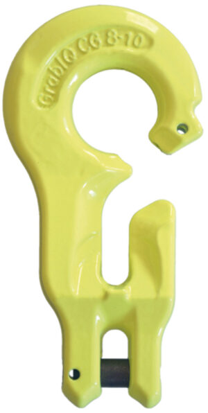 Yellow lifting hook with GrabIQ CG 8-10 engraved, used for industrial chain lifting and securing tasks.