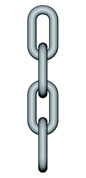 Three silver chain links connected vertically on a white background, symbolizing strength and connection.