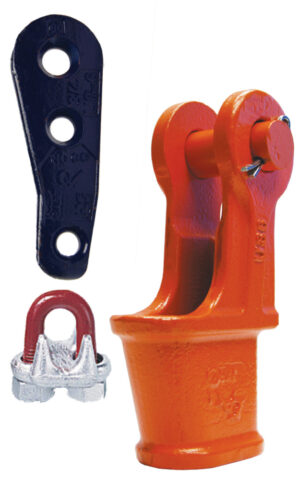 Different types of industrial shackles: black drilled plate, orange pin and silver U-bolt clamp on white background.