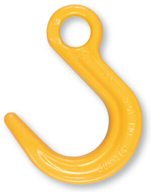 Yellow heavy-duty lifting hook on a white background. Industrial-grade equipment for secure lifting and rigging.