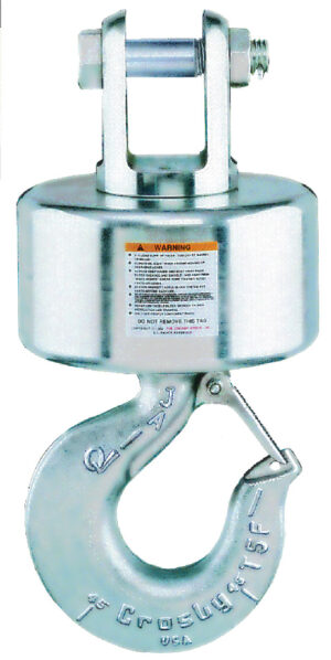 Industrial heavy-duty lifting hook with safety latch, silver finish, close-up view, ideal for construction use.