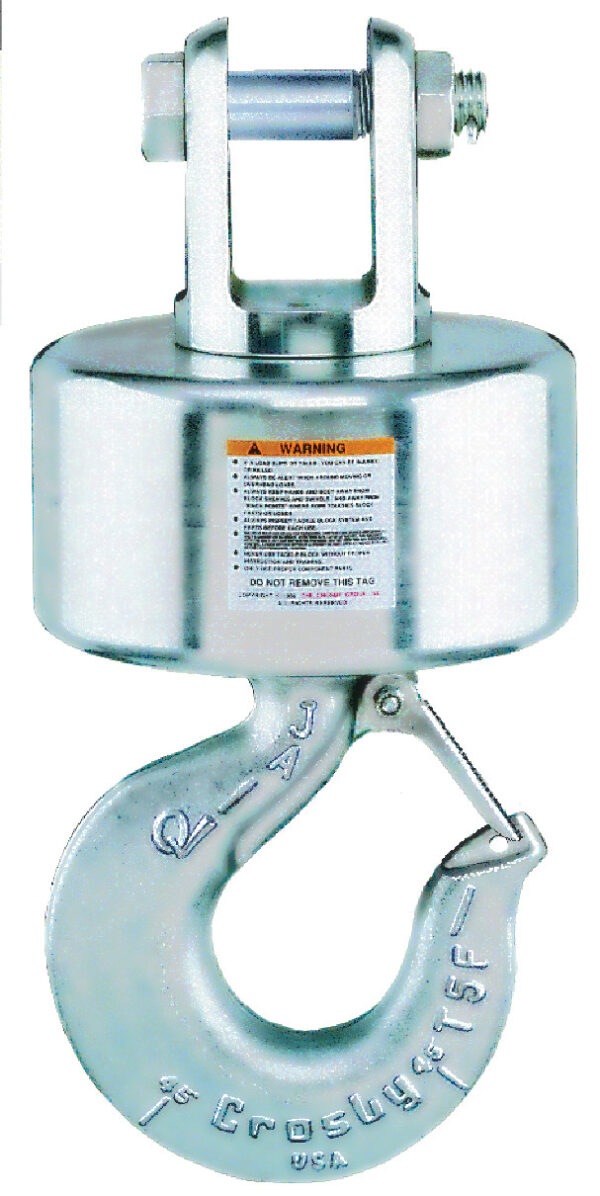 Industrial heavy-duty lifting hook with safety latch, silver finish, close-up view, ideal for construction use.
