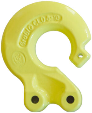 Yellow heavy-duty lifting hook, GrabIQ CL08-10, with embossed label, ideal for industrial and construction use.