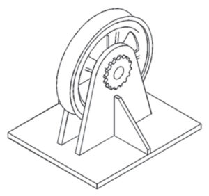 Technical line drawing of a belt drive pulley system mounted on a base.