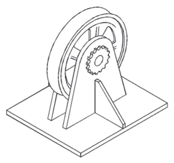 Technical line drawing of a belt drive pulley system mounted on a base.