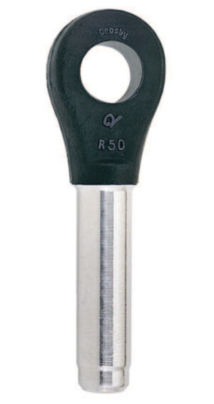 Heavy-duty eye bolt with black head and silver shaft, labeled R50, for lifting and rigging applications.