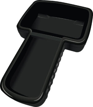 Black plastic ice cream scoop with ergonomic handle design.