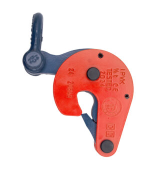 Red and blue industrial clamp with safety markings for lifting and securing heavy loads.