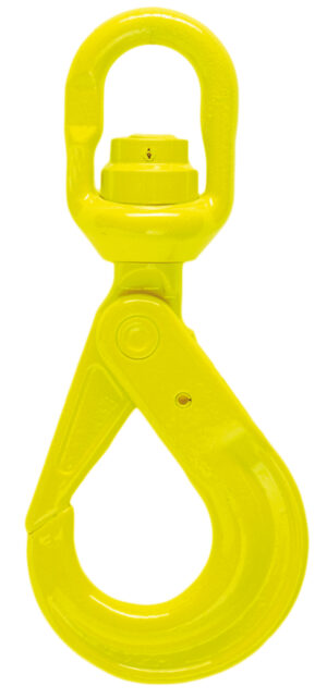 Yellow industrial swivel hook with latch, used for secure lifting and rigging applications.
