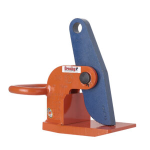 Orange and blue vertical lifting clamp with handle, optimized for heavy-duty industrial use.