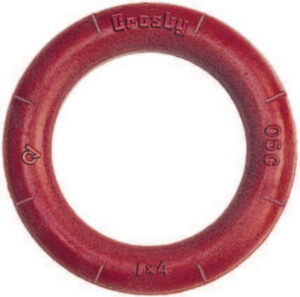 Red Crosby lifting ring with weight markings, used for industrial rigging and lifting applications.