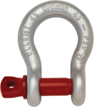 Silver Crosby shackle with red pin, marked WLL 8½t 45 P50, used for heavy lifting.