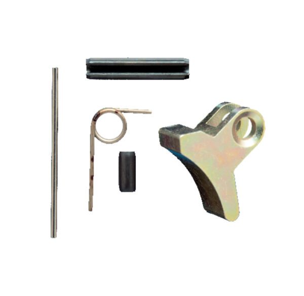 Trigger assembly parts set, including pin, spring, and metal components on a white background.