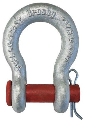 Heavy-duty steel shackle with red pin for rigging. Durable equipment for lifting and secure load handling.