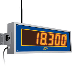 Digital display showing number 18.300 with antenna, mounted on a metal frame.