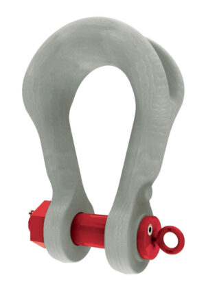 Industrial shackle with gray body and red pin, used for secure lifting and rigging applications.
