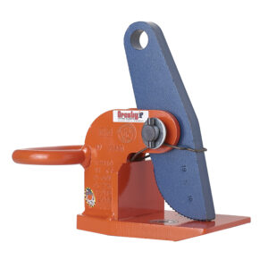 Industrial lifting clamp with blue arm and orange base, featuring a locking mechanism and handle for secure operations.