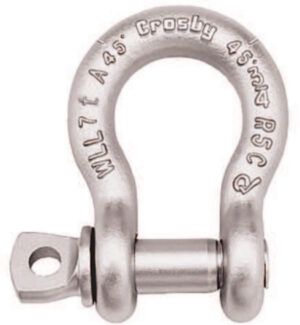 Heavy-duty metal shackle for lifting, marked with specifications, suitable for industrial rigging applications.