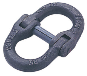 Heavy-duty metal coupling link, industrial connector for chains or cables, sturdy and secure design.