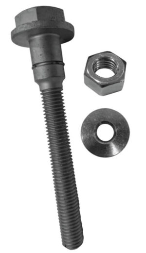 Close-up of a metal bolt, nut, and washer set on white background, ideal for construction or DIY projects.