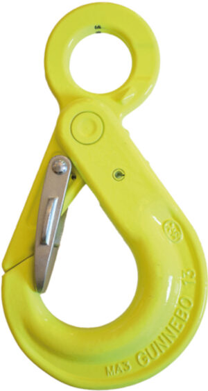 Yellow heavy-duty lifting hook with safety latch for secure load handling.
