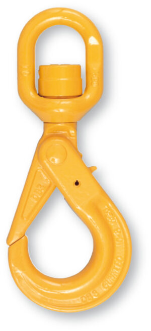 Yellow swivel hook with latch for heavy-duty lifting and rigging applications.