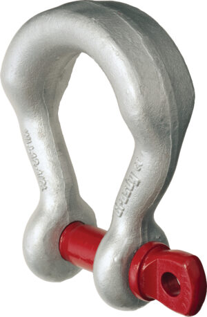 Silver metal shackle with red pin, used for lifting and rigging applications.