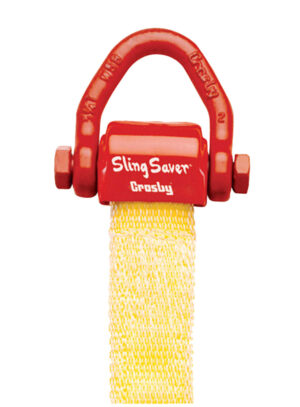 Red sling saver with yellow strap, designed for lifting and securing loads safely and efficiently.