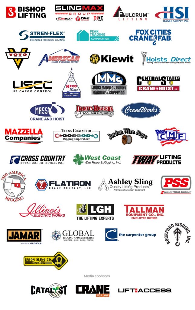 Logos of various rigging and lifting equipment companies and media sponsors on a white background.