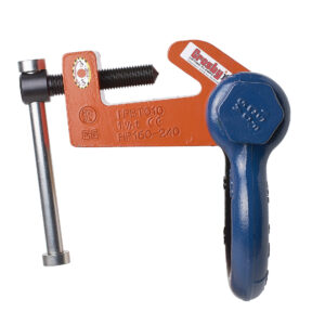Heavy-duty industrial beam clamp in orange and blue for secure lifting, with safety and usage markings.