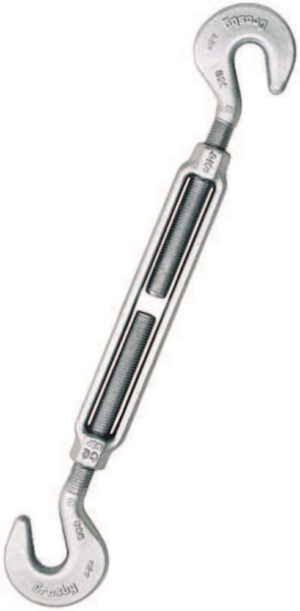 Turnbuckle with hook ends for tensioning ropes and cables, metallic finish, industrial tool used in rigging.