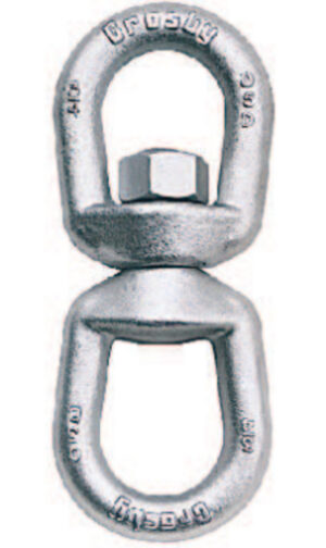 Heavy-duty metal swivel shackle with nut and bolt, used for lifting and rigging applications.