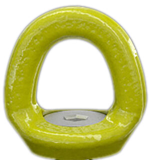 Yellow D-ring lifting point for rigging and industrial applications.