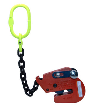 Red lifting clamp with black chain and yellow lifting ring, used for hoisting heavy loads safely.