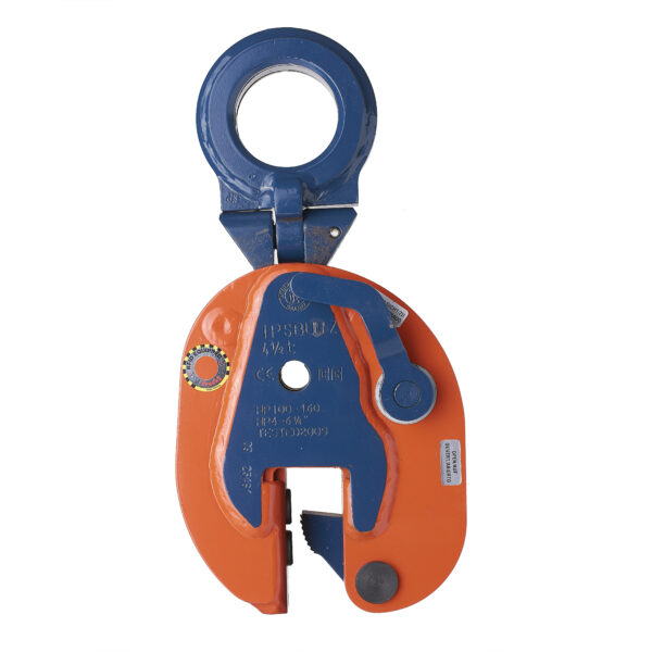 Heavy-duty industrial lifting clamp, orange and blue, used for material handling and industrial applications.