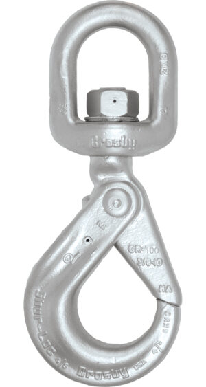 Heavy-duty lifting eye hook with swivel and secure latch for industrial applications.